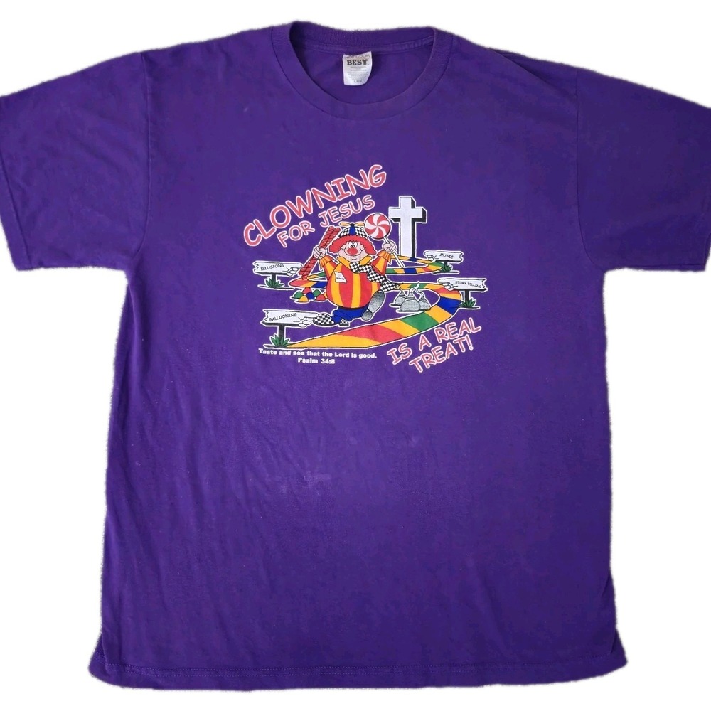 Vtg 1990s Christian Clowning For Jesus T-Shirt Size Large Purple Psalm 34:8